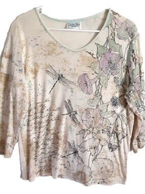 Cactus Bay Blouse Size L Pullover 3/4 Sleeve Preppy Cruise Dragonfly All Cotton